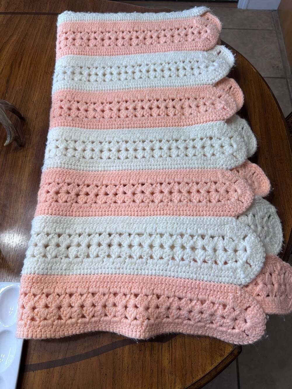 Vintage Handmade Crochet Scallop Blanket/Afghan with Pink & White Stripes
